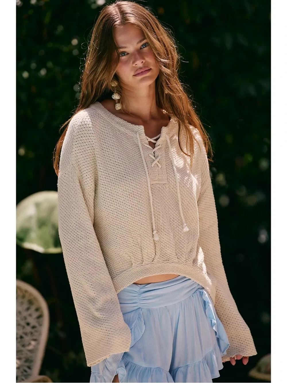 Free People Retro 70s Oversized Sunburst Crochet Pullover Sweater Sand XS NWT